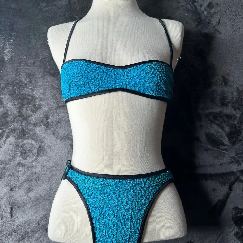 Vintage 80s/90s Bikini Swimwear Gabar Blue quilted Scrunched Women’s Size XS